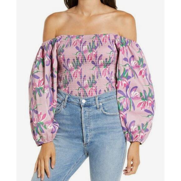 WAYF pink purple smocked off the shoulder balloon sleeve top - Picture 1 of 4